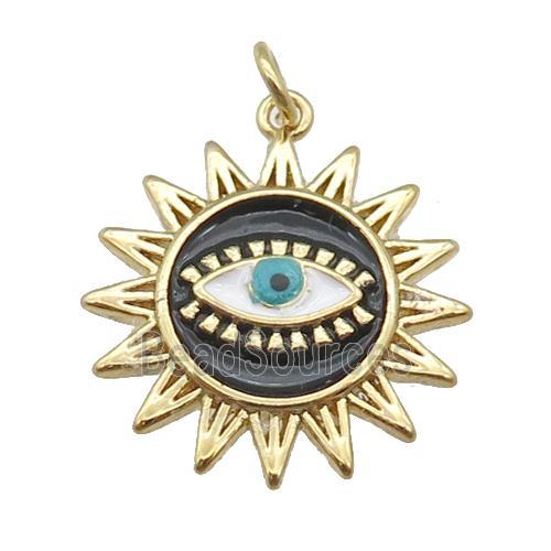 copper sun pendant with black enamel, Evil Eye, gold plated