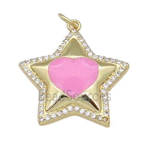 copper Star pendant paved zircon, pink enamel, gold plated