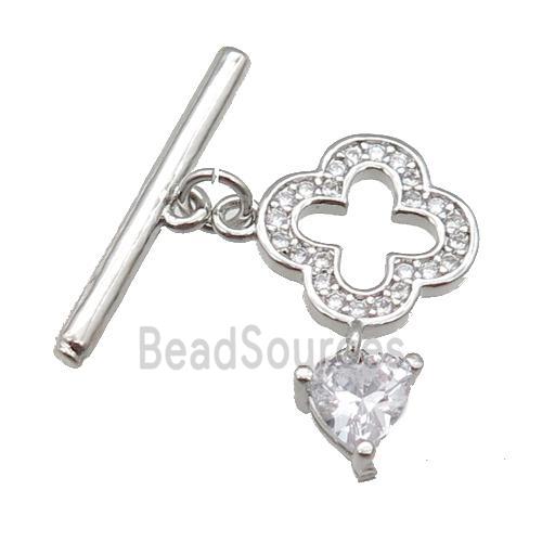 copper Toggle Clasp paved zircon, clover, platinum plated