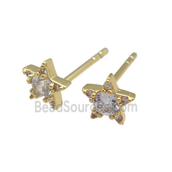 copper Stud Earring paved zircon, star, gold plated