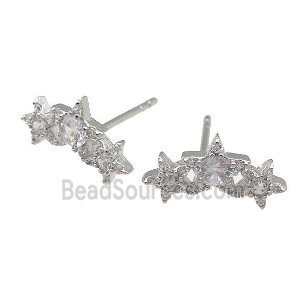 copper Stud Earring paved zircon, star, platinum plated