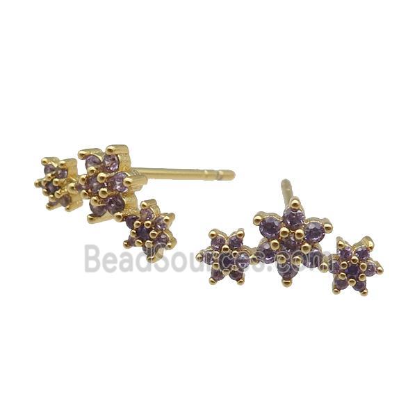 copper Stud Earring paved zircon, flower, gold plated