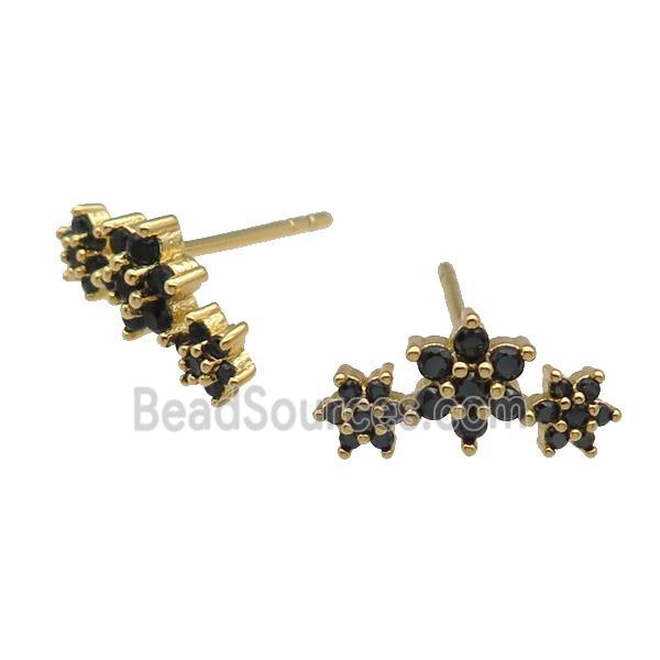 copper Stud Earring paved black zircon, flower, gold plated