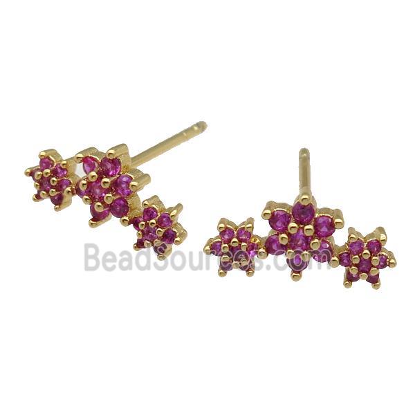 copper Stud Earring paved hotpink zircon, flower, gold plated