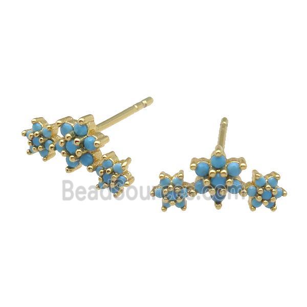 copper Stud Earring paved turq zircon, flower, gold plated