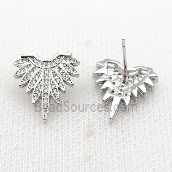 copper Stud Earring paved zircon, wing, platinum plated