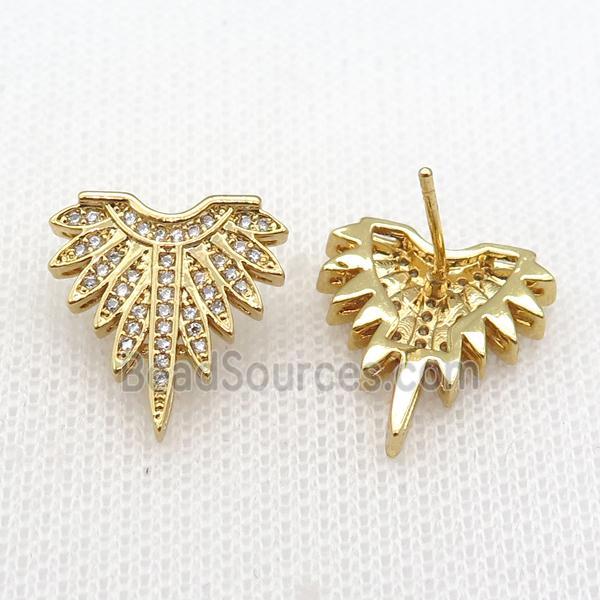 copper Stud Earring paved zircon, wing, gold plated