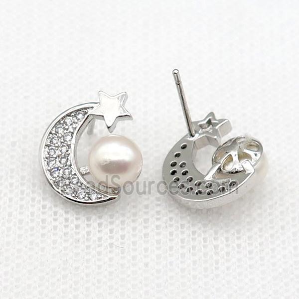 copper moon Stud Earring paved zircon with pearlized shell, platinum plated