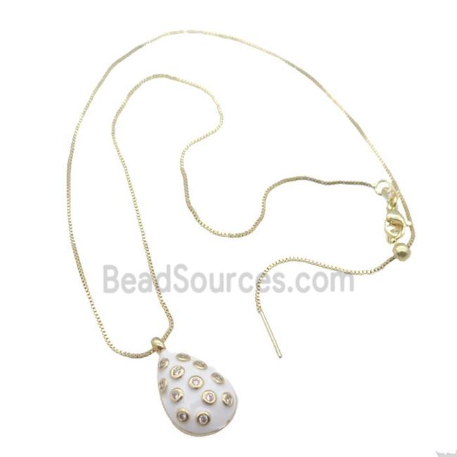 copper Necklace with teardrop paved zircon, white enamel, gold plated