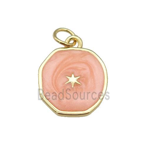 copper circle pendant with peach enamel, star, gold plated