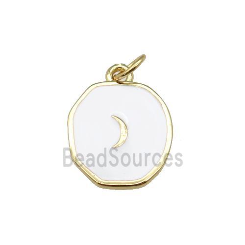 copper circle pendant with white enamel, moon, gold plated