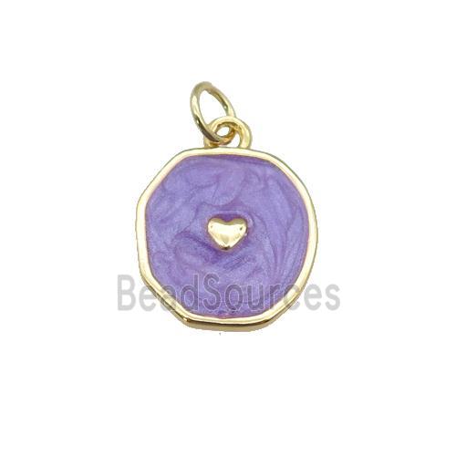 copper circle pendant with purple enamel, heart, gold plated