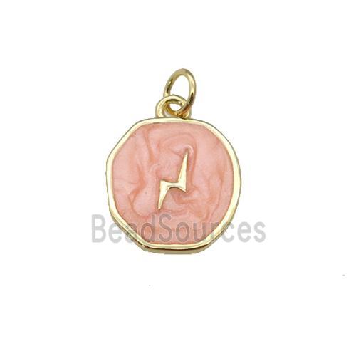 copper circle pendant with peach enamel, lightning, gold plated