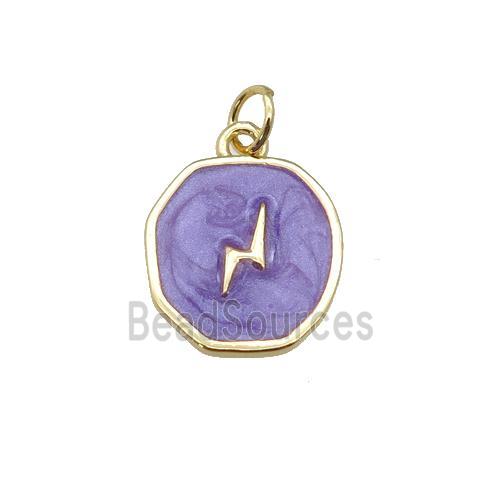 copper circle pendant with purple enamel, lightning, gold plated