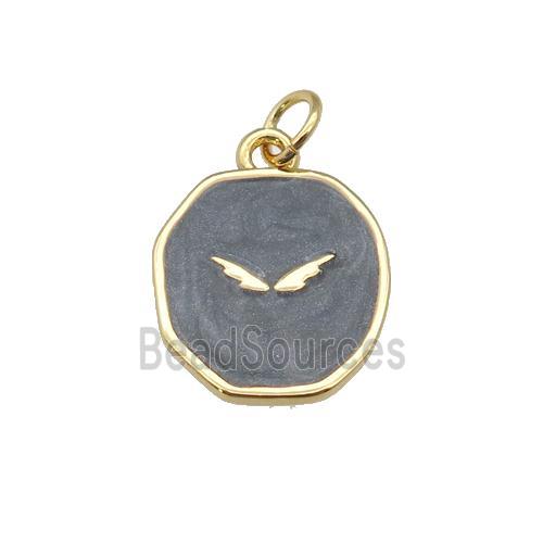 copper circle pendant with black enamel, wing, gold plated