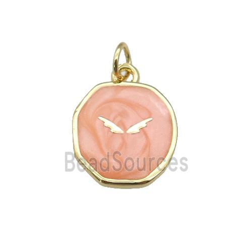 copper circle pendant with peach enamel, wing, gold plated