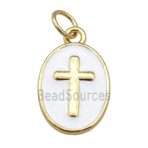 copper oval pendant with white enamel, cross, gold plated