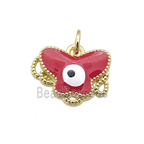 copper Butterfly pendant with red enamel, evil eye, gold plated