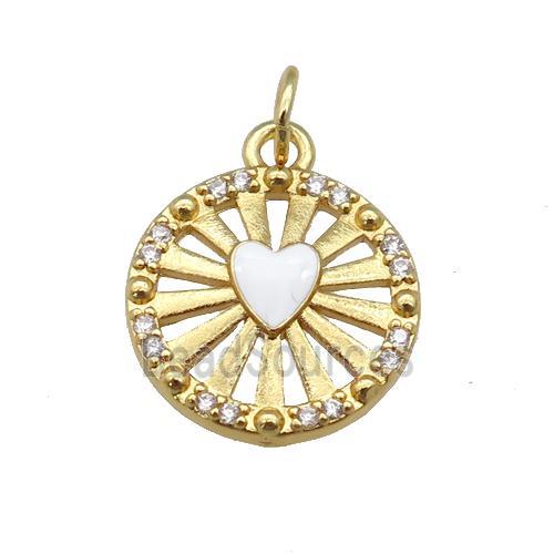 copper circle pendant paved zircon with white enamel heart, gold plated