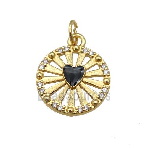 copper circle pendant paved zircon with black enamel heart, gold plated