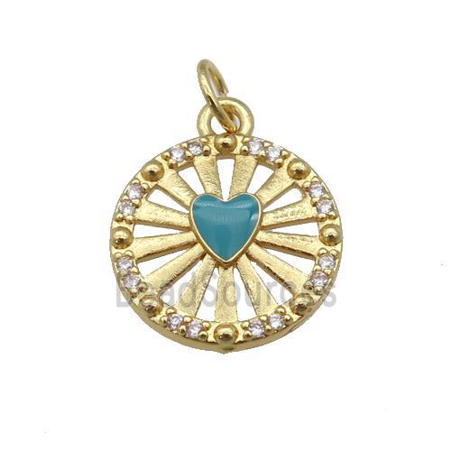 copper circle pendant paved zircon with teal enamel heart, gold plated