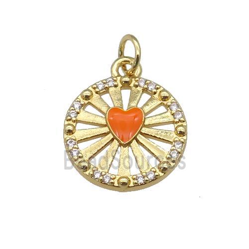 copper circle pendant paved zircon with orange enamel heart, gold plated