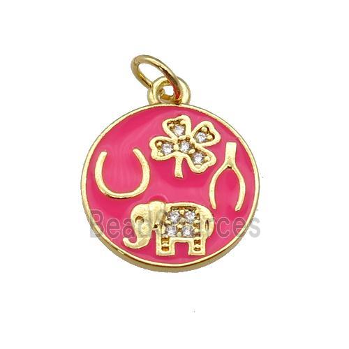 copper circle pendant paved zircon with hotpink enamel, elephant, clover, gold plated