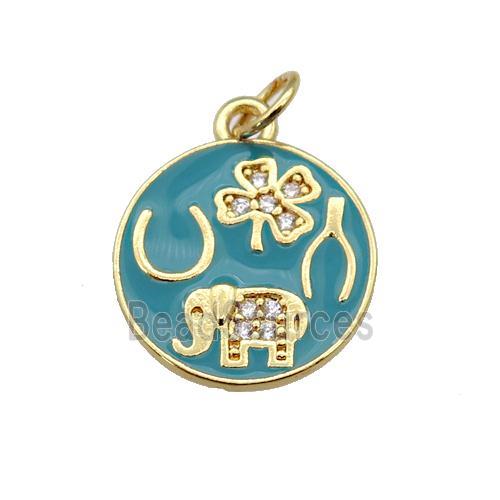 copper circle pendant paved zircon with teal enamel, elephant, clover, gold plated