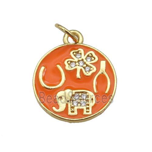 copper circle pendant paved zircon with orange enamel, elephant, clover, gold plated