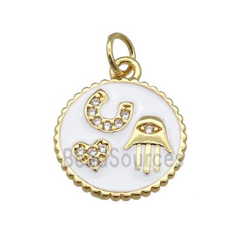 copper circle pendant paved zircon with white enamel, hand, heart, gold plated