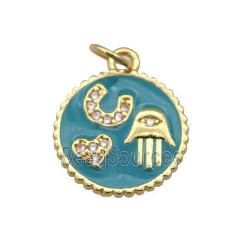 copper circle pendant paved zircon with teal enamel, hand, heart, gold plated