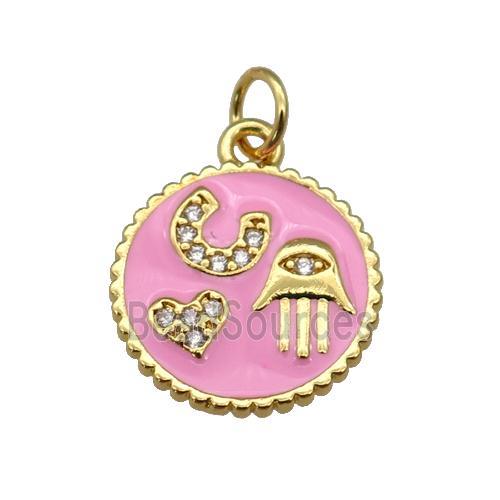 copper circle pendant paved zircon with pink enamel, hand, heart, gold plated