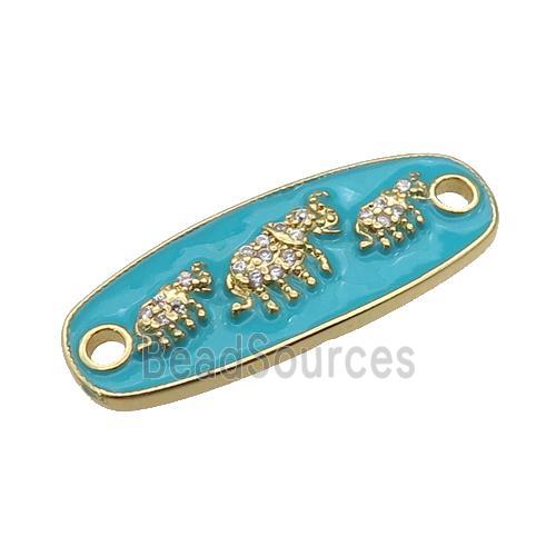 copper Elephant connector paved zircon with teal enamel, gold plated