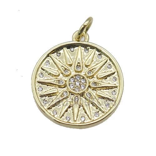 copper circle pendant paved zircon, sun, gold plated