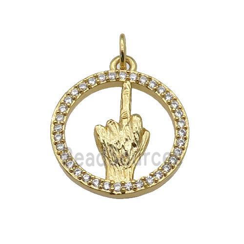 copper circle pendant paved zircon, hand gesture, gold plated