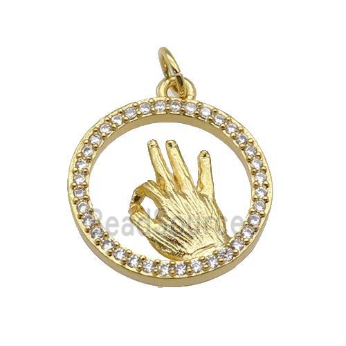 copper circle pendant paved zircon, hand gesture, gold plated