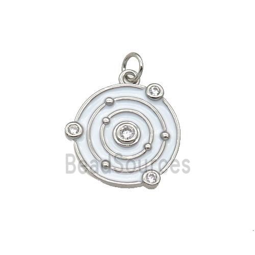 Copper Planet Pendant Pave Zirconia White Enamel Platinum Plated