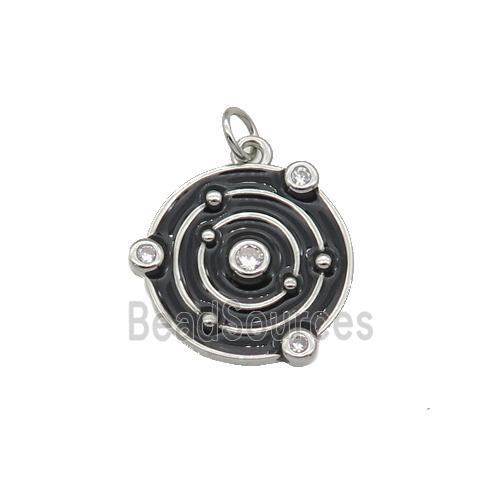 Copper Planet Pendant Pave Zirconia Black Enamel Platinum Plated