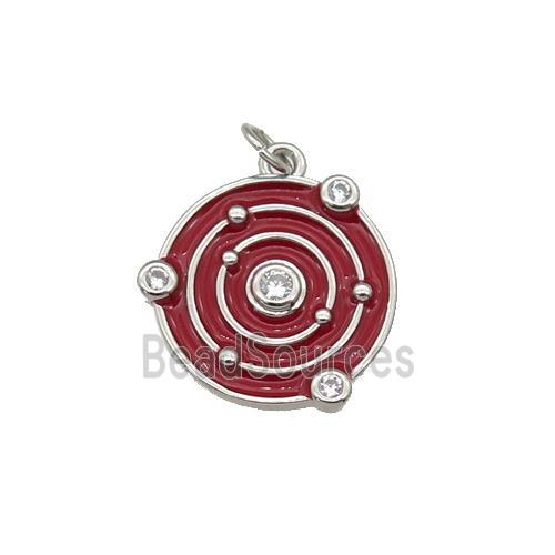 Copper Planet Pendant Pave Zirconia Red Enamel Platinum Plated