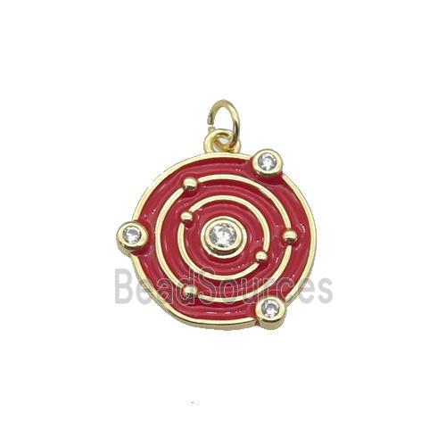 Copper Planet Pendant Pave Zirconia Red Enamel Gold Plated