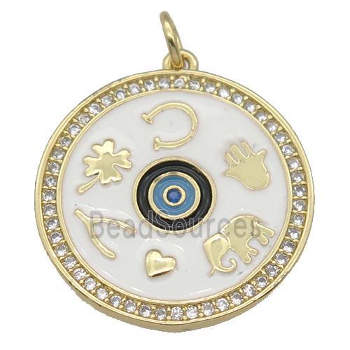 copper circle astrology pendant paved zircon, enamel Evil Eye, medallion, gold plated