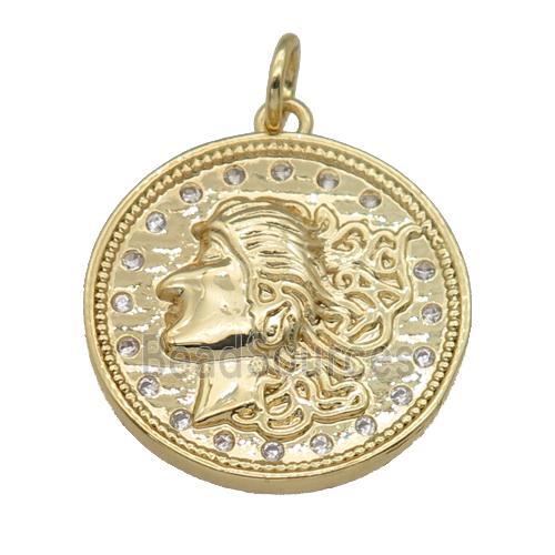 copper coin pendant paved zircon, gold plated