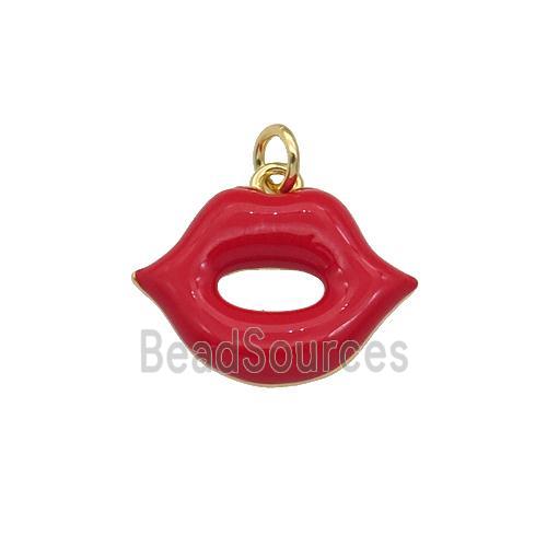 copper Lip charm pendant with red enamel, gold plated