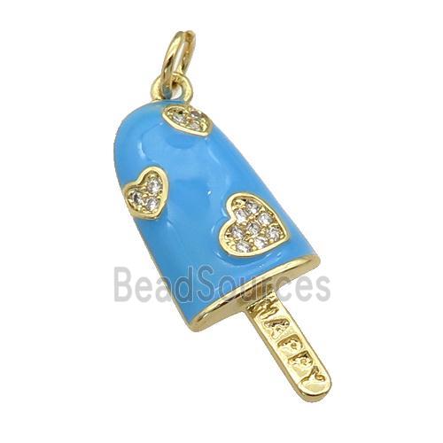 copper Icecream charm pendant paved zircon, blue enamel, gold plated