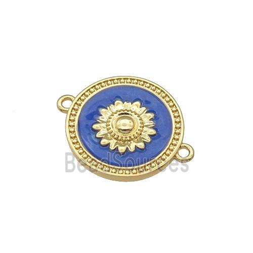 copper coin flower connector with blue enamel, gold plated