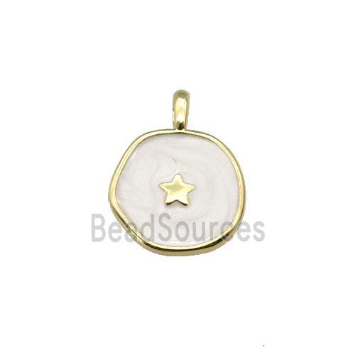 copper coin pendant with white enamel, star, gold plated