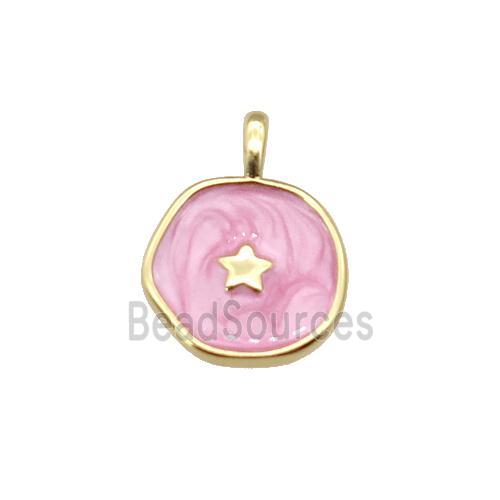 copper coin pendant with pink enamel, star, gold plated