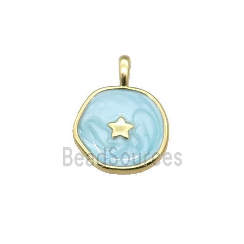 copper coin pendant with teal enamel, star, gold plated