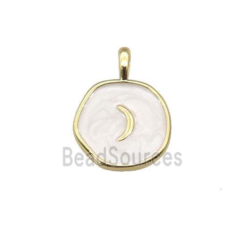 copper coin pendant with white enamel, moon, gold plated