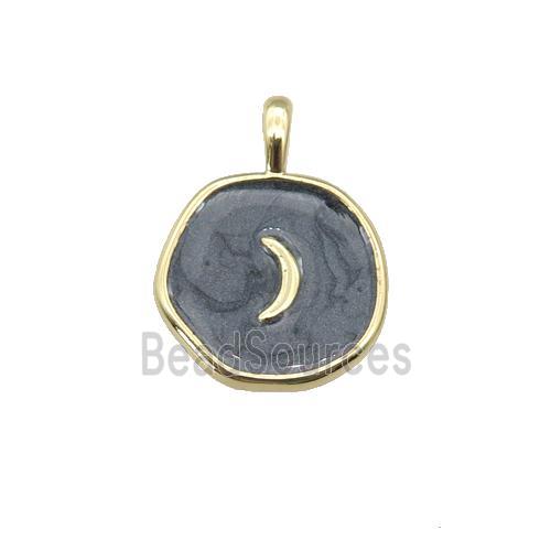 copper coin pendant with black enamel, moon, gold plated